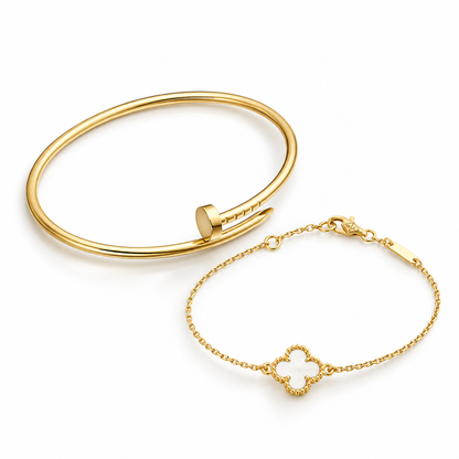 [AuraEcho] Clover White Mother-of-Pearl & JUSTE Bracelet Stack Set