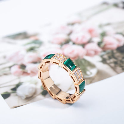 [AuraEcho]SERPENTI RING PINK GOLD MALACHITE DIAMOND PAVED 4MM
