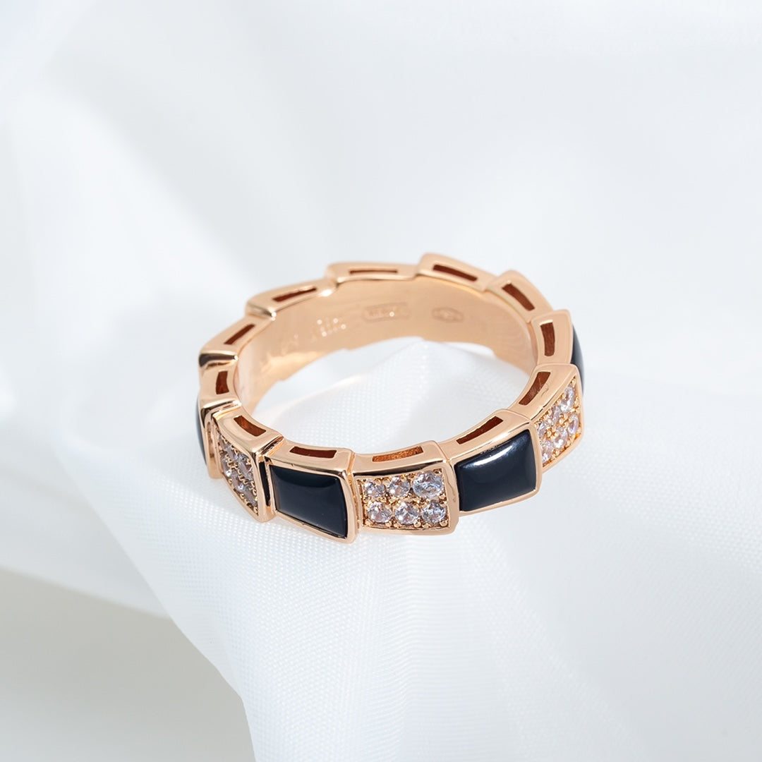 [AuraEcho]SERPENTI RING PINK GOLD BLACK MOP DIAMOND PAVED 4MM