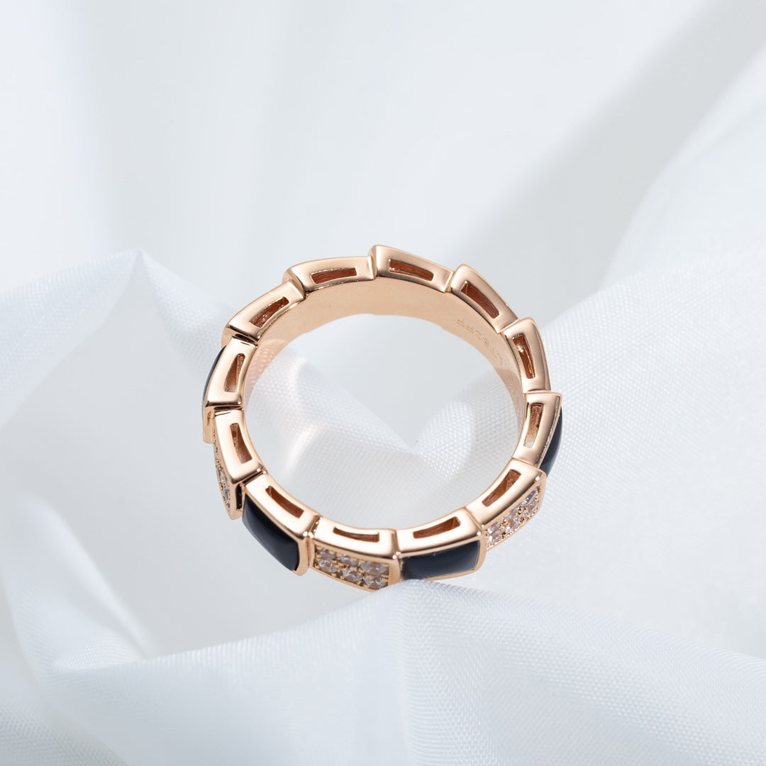 [AuraEcho]SERPENTI RING PINK GOLD BLACK MOP DIAMOND PAVED 4MM