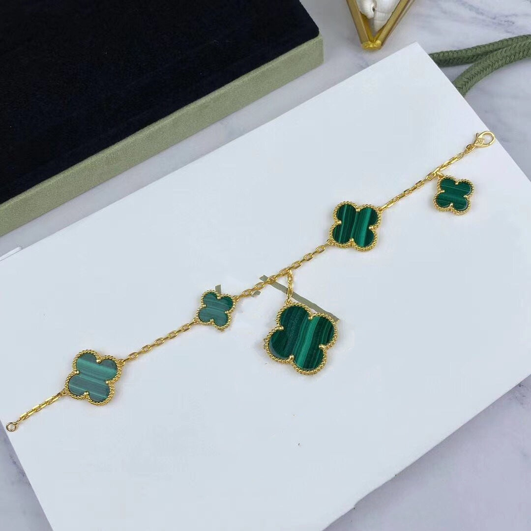 [AuraEcho]MAGIC CLOVER MALACHITE GOLD BRACELET 5 MOTIFS