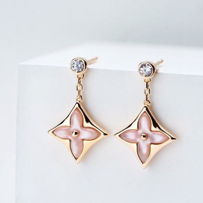 [AuraEcho]DOUBLE STAR PINK GOLD MOP DROP EARRINGS