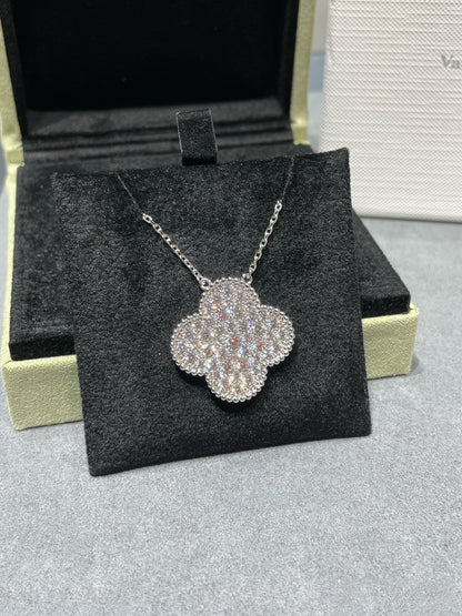 [AuraEcho]CLOVER 25MM LARGE PENDANT DIAMOND PAVED SILVER NECKLACE