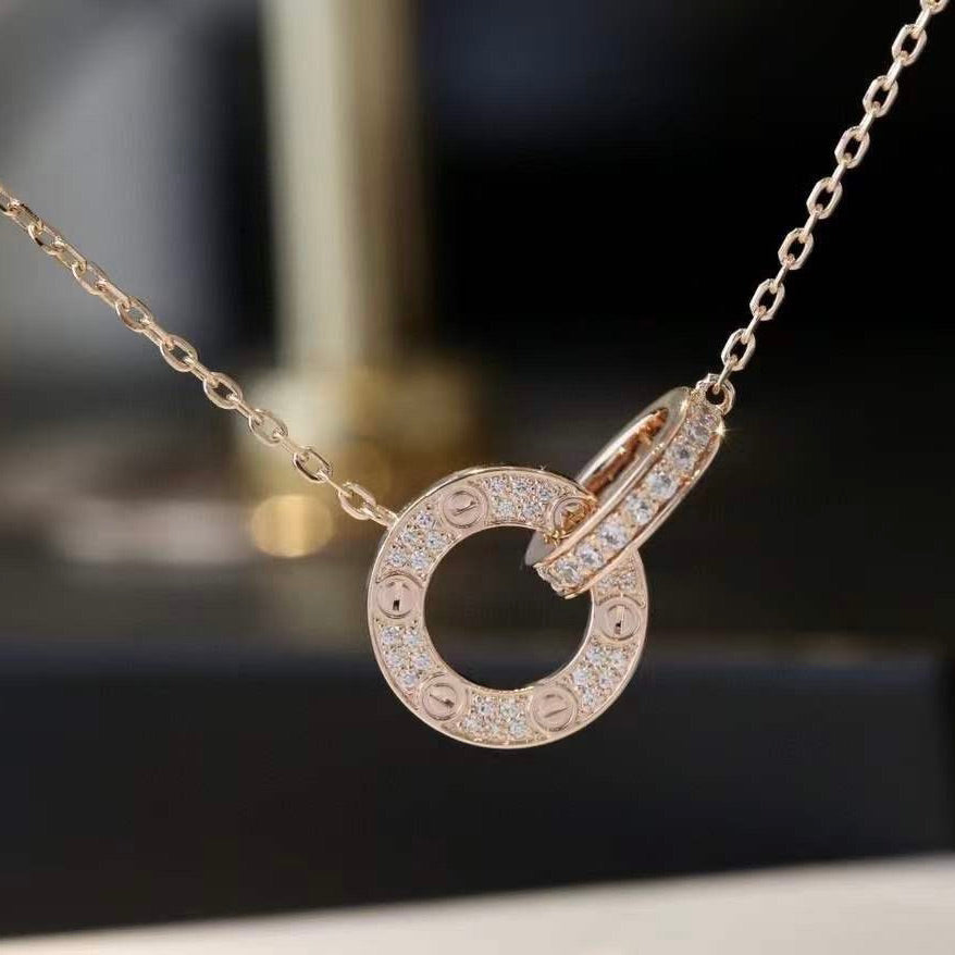 [AuraEcho]LOVE 7.6MM NECKLACE ROSE GOLD AND SILVER  FULL DIAMOND