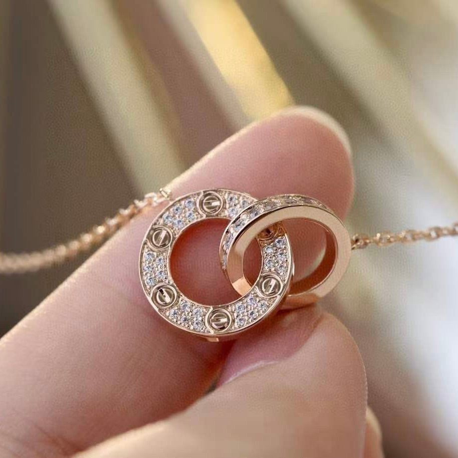 [AuraEcho]LOVE 7.6MM NECKLACE ROSE GOLD AND SILVER  FULL DIAMOND