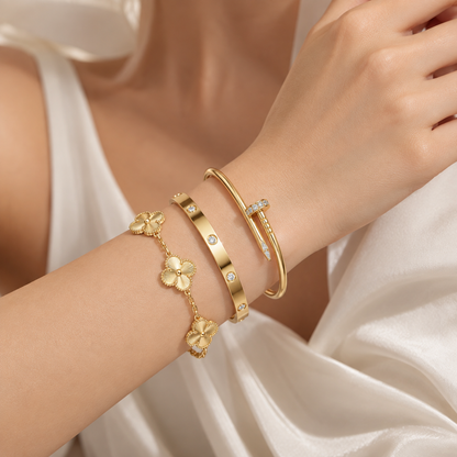 [AuraEcho] CLASH & Clover Laser 5-Motif & LOVE Brushed Bracelet Stack Set