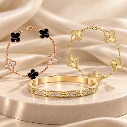 [AuraEcho]Clover Laser  Pulsar Stone 5-Motif & LOVE Diamond-Paved Bracelet Stack Set