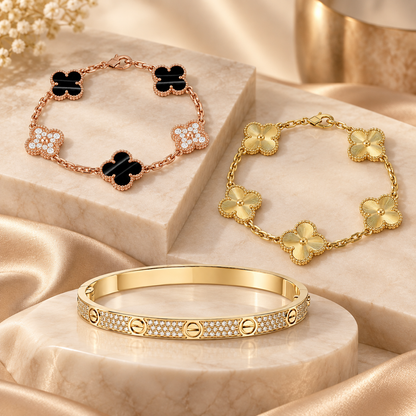[AuraEcho]Clover Laser  Pulsar Stone 5-Motif & LOVE Diamond-Paved Bracelet Stack Set