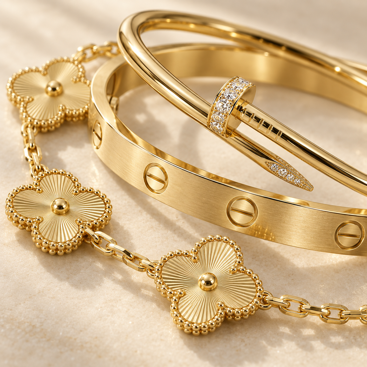 [AuraEcho] Clover & Love & Juste 3-Piece Gold Bracelet Stack Set