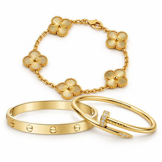 [AuraEcho] Clover & Love & Juste 3-Piece Gold Bracelet Stack Set