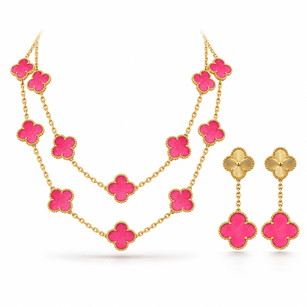 [AuraEcho]Clover Pink Enamel Necklace & Earring Jewelry Set