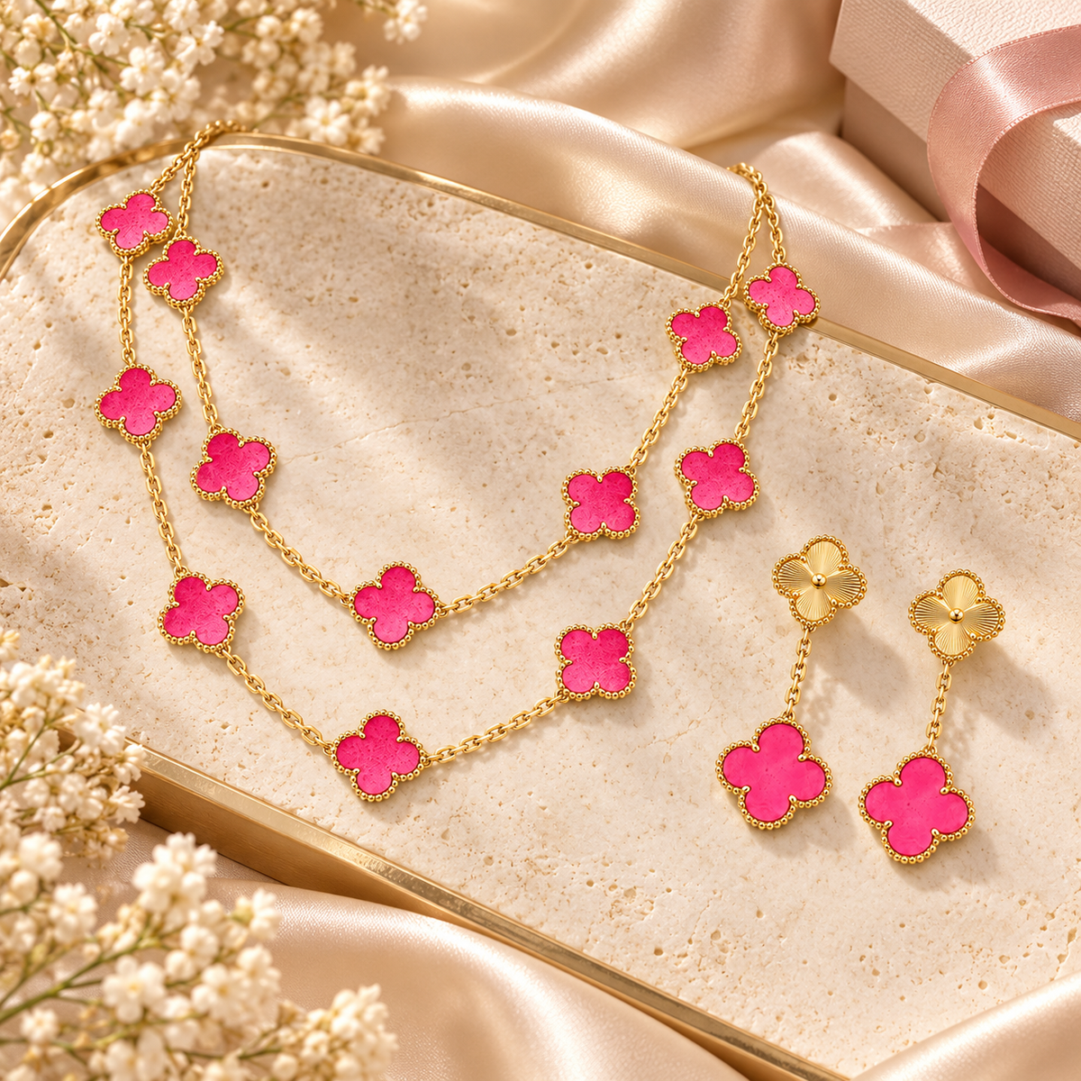 [AuraEcho]Clover Pink Enamel Necklace & Earring Jewelry Set