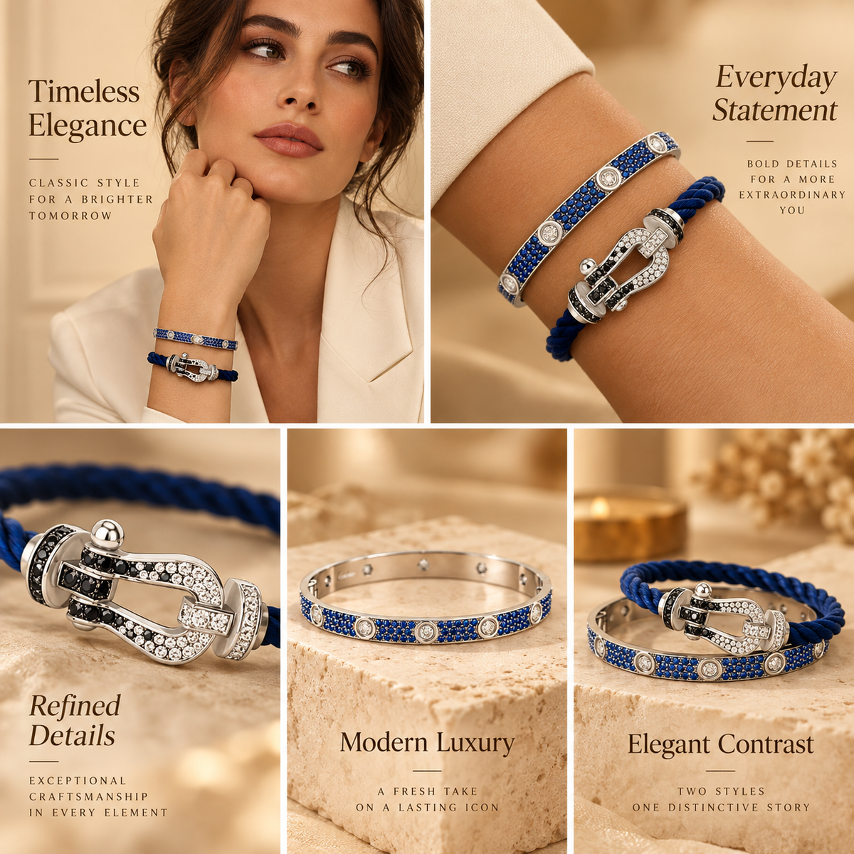 [AuraEcho]Pave Gemstone Love &Force Large Horseshoe Diamond Duo Bracelet Stack Set