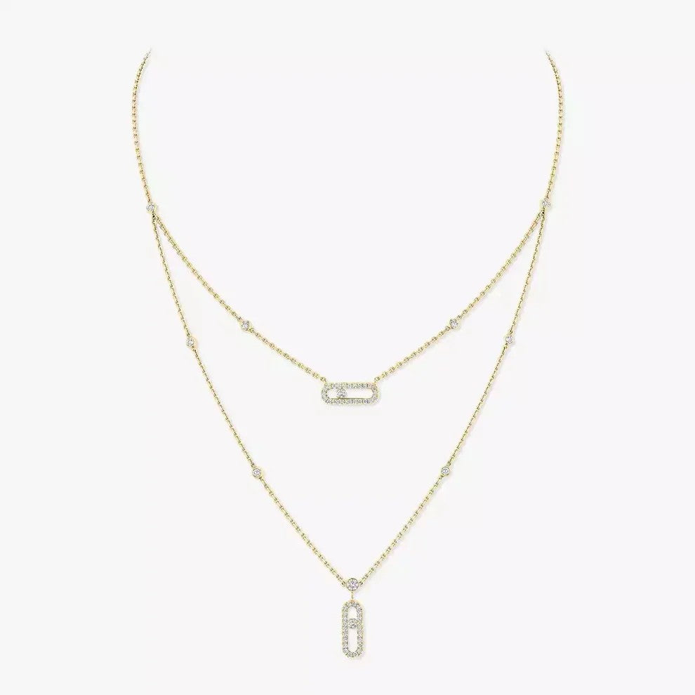 [AuraEcho]2 Rows Rose Gold Diamond Pave_ Necklace Move Uno