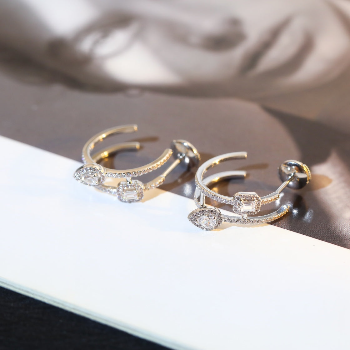 [AuraEcho]CREOLES MY TWIN 2 RANGS SILVER DIAMOND EARRINGS