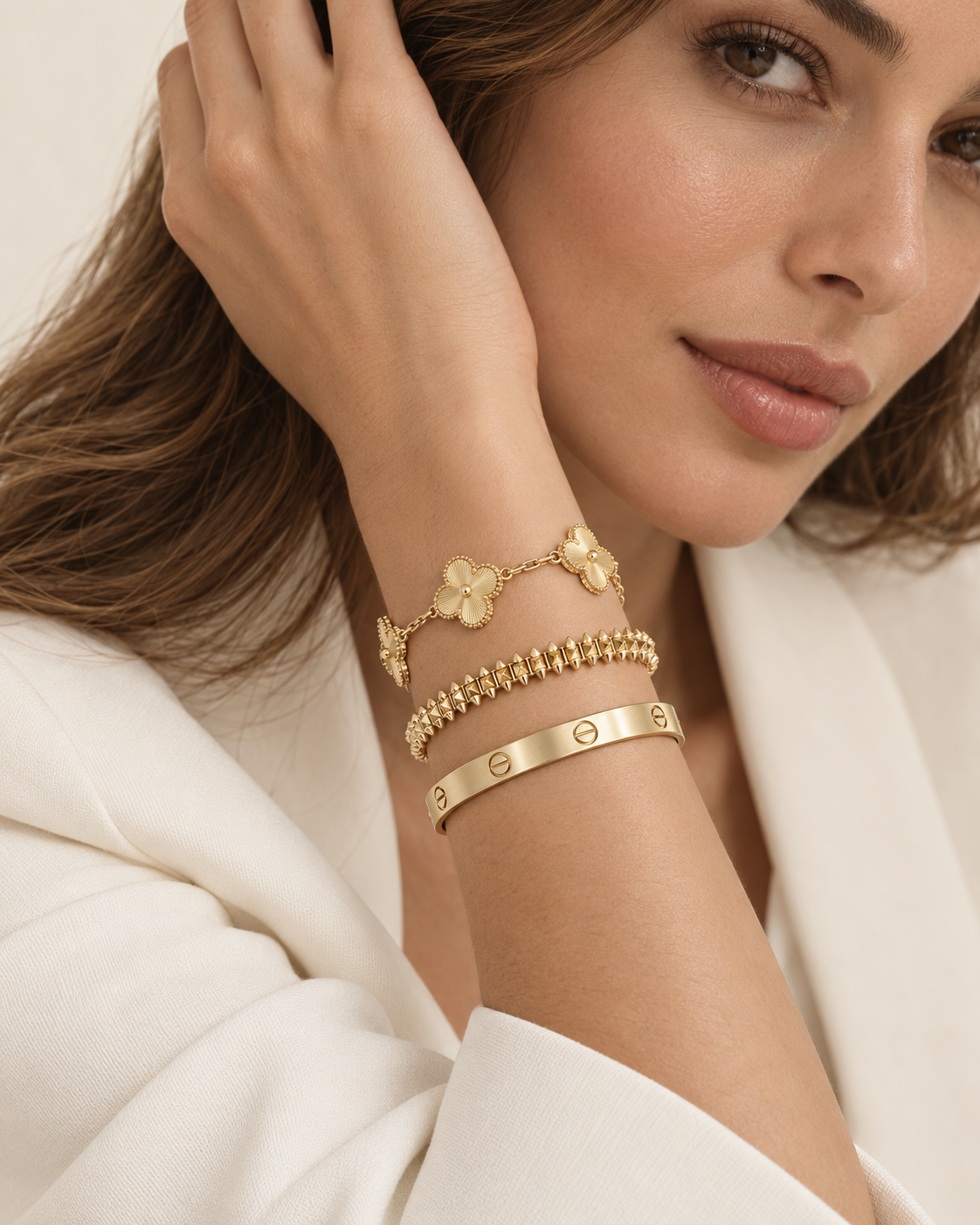 [AuraEcho] CLASH & Clover Laser 5-Motif & LOVE Brushed Bracelet Stack Set