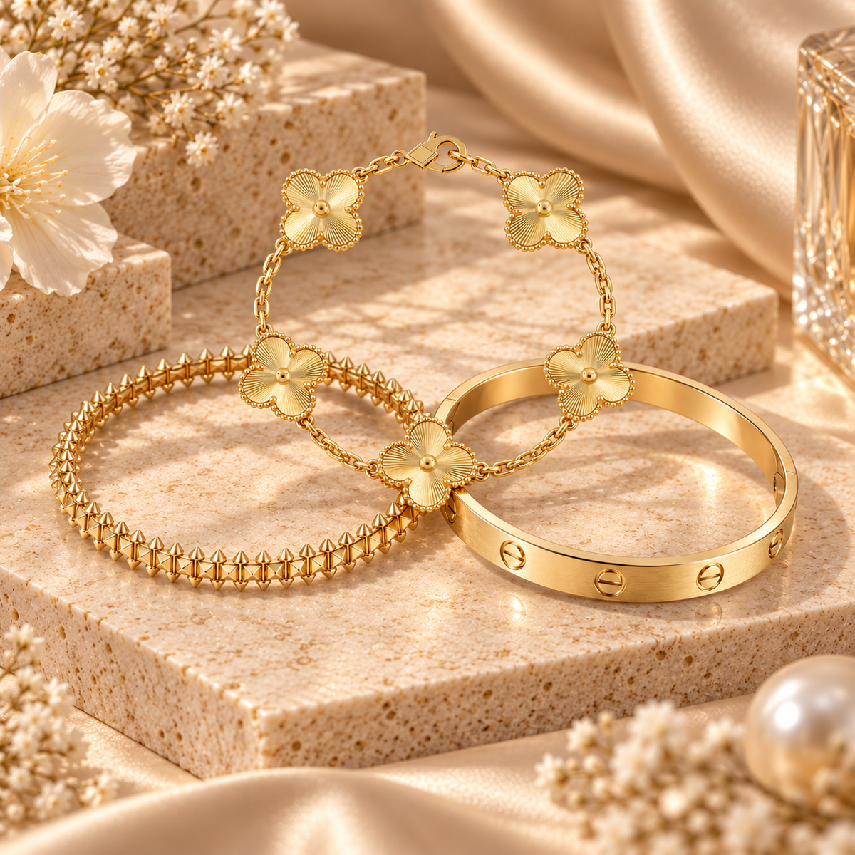 [AuraEcho] CLASH & Clover Laser 5-Motif & LOVE Brushed Bracelet Stack Set