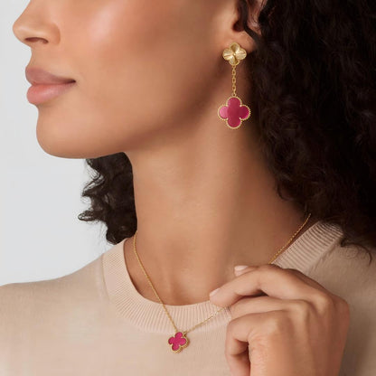 [AuraEcho]Clover Pink Enamel Necklace & Earring Jewelry Set